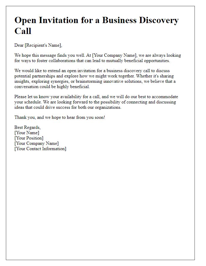 Letter template of Open Invitation for a Business Discovery Call