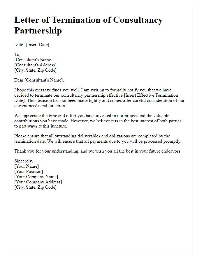 Letter template of ending the consultancy partnership