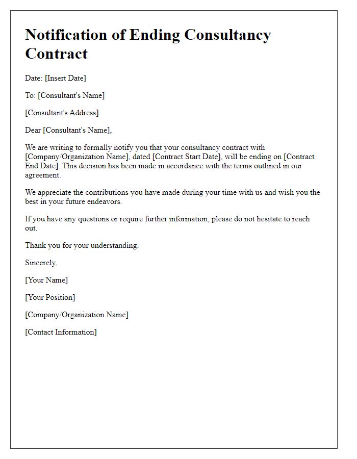 Letter template of notification for ending consultancy contract