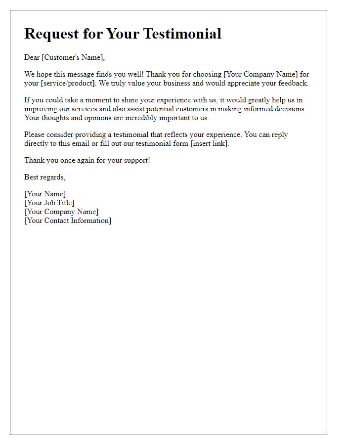 Letter template of Customer Experience Testimonial Request