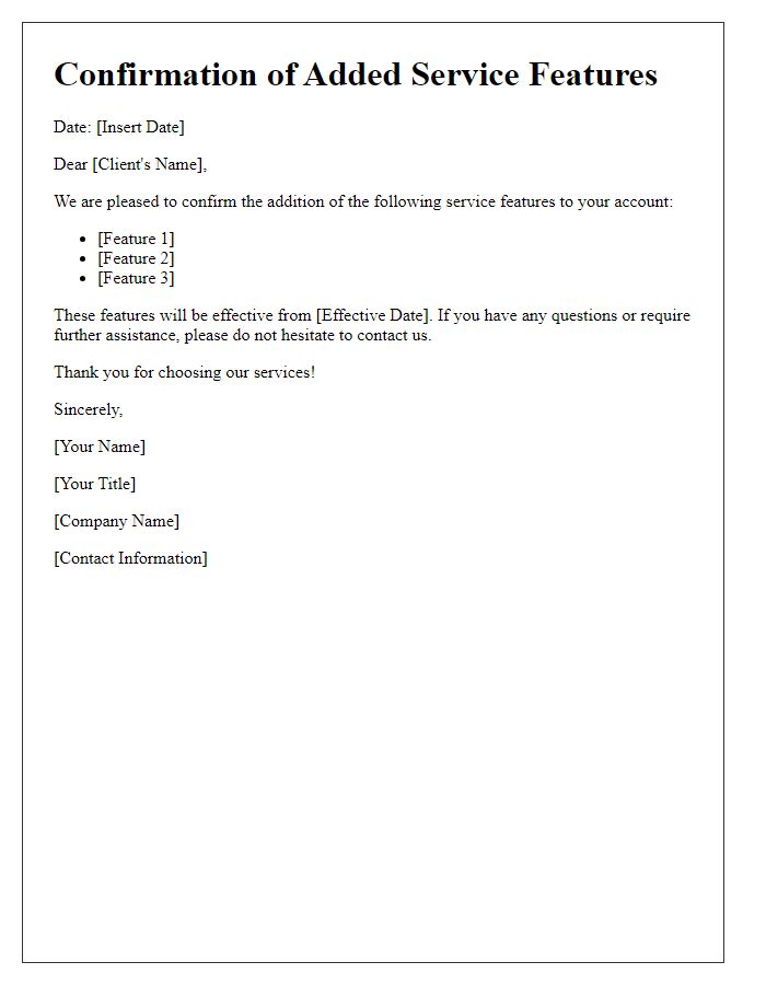 Letter template of confirmation for added service features