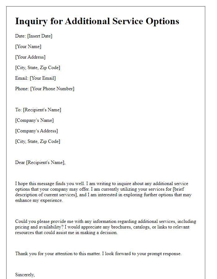 Letter template of inquiry for additional service options