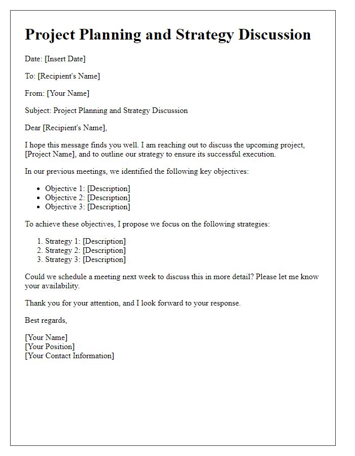 Letter template of project planning and strategy discussion