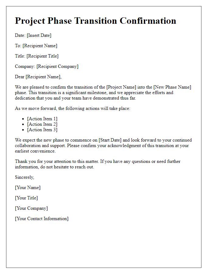 Letter template of Project Phase Transition Confirmation