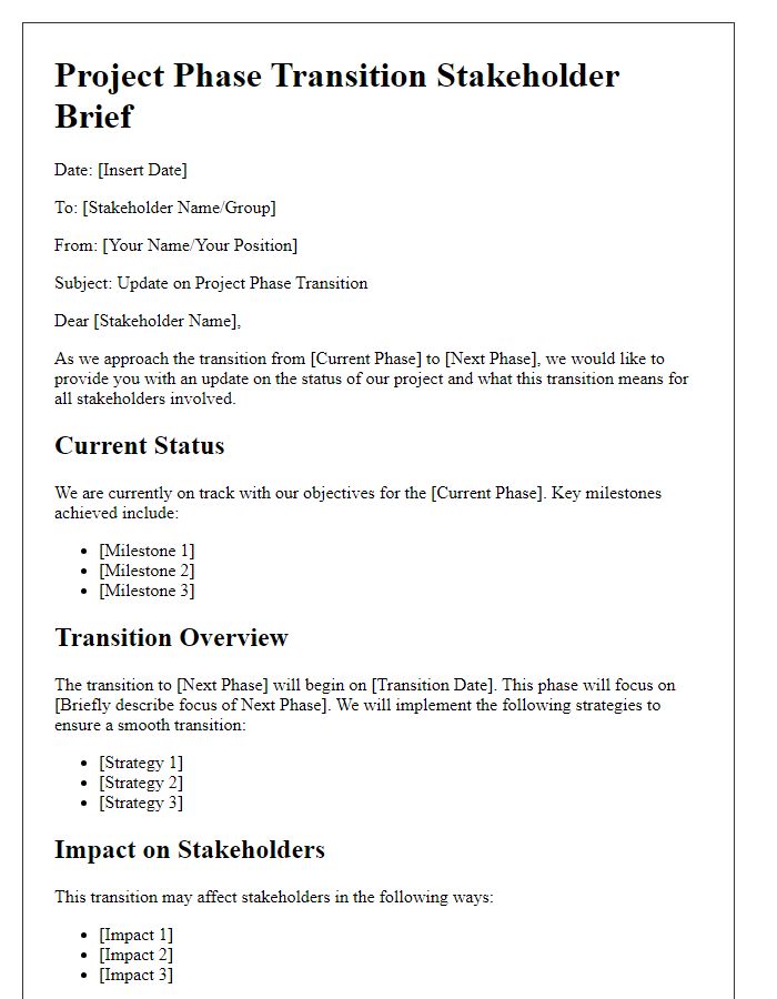 Letter template of Project Phase Transition Stakeholder Brief