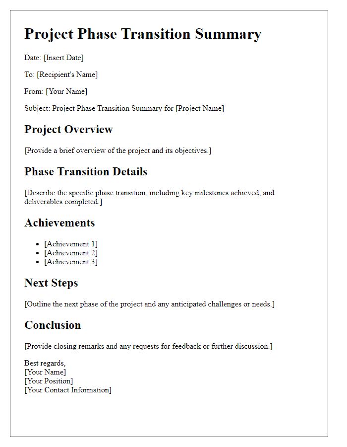 Letter template of Project Phase Transition Summary