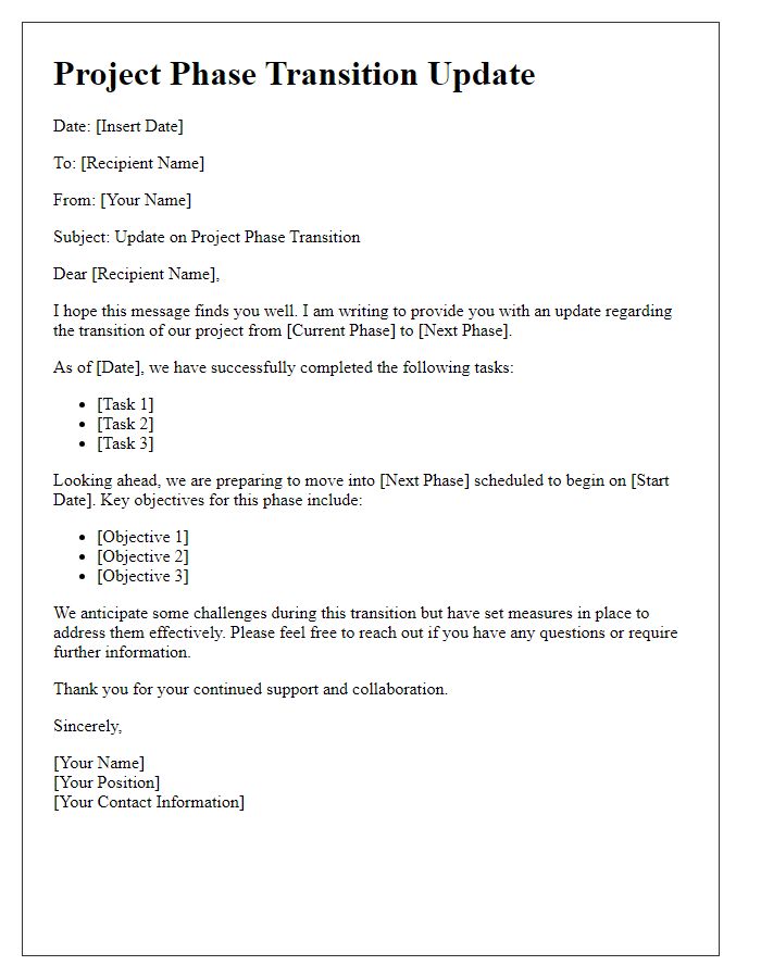 Letter template of Project Phase Transition Update