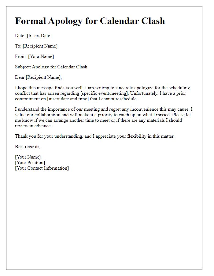 Letter template of formal apology for a calendar clash.