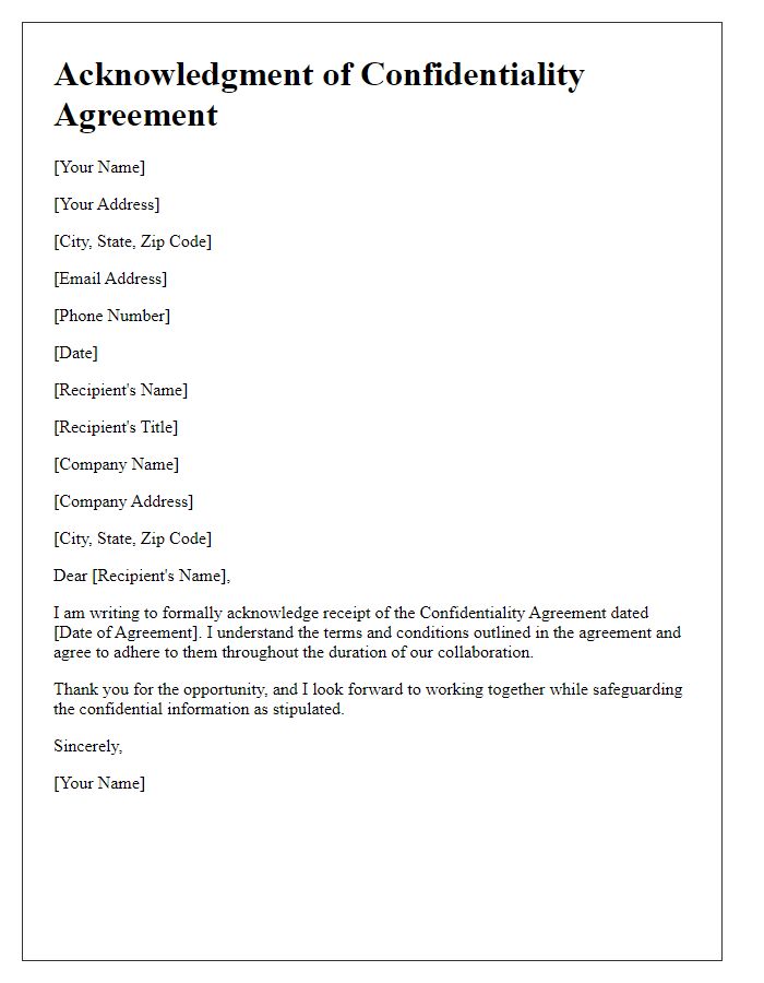 Letter template of Acknowledgment for Confidentiality Agreement