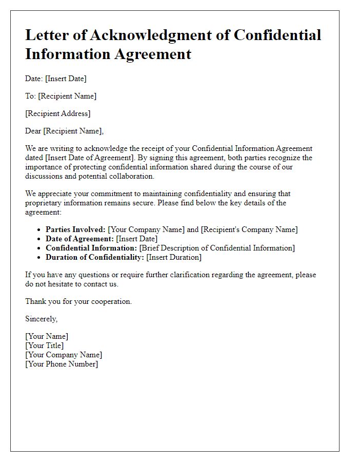 Letter template of Acknowledgment of Confidential Information Agreement