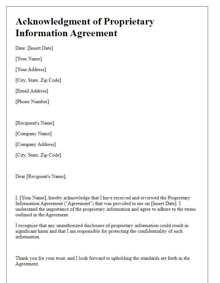 Letter template of Acknowledgment of Proprietary Information Agreement