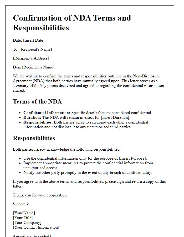 Letter template of Confirmation of NDA Terms and Responsibilities