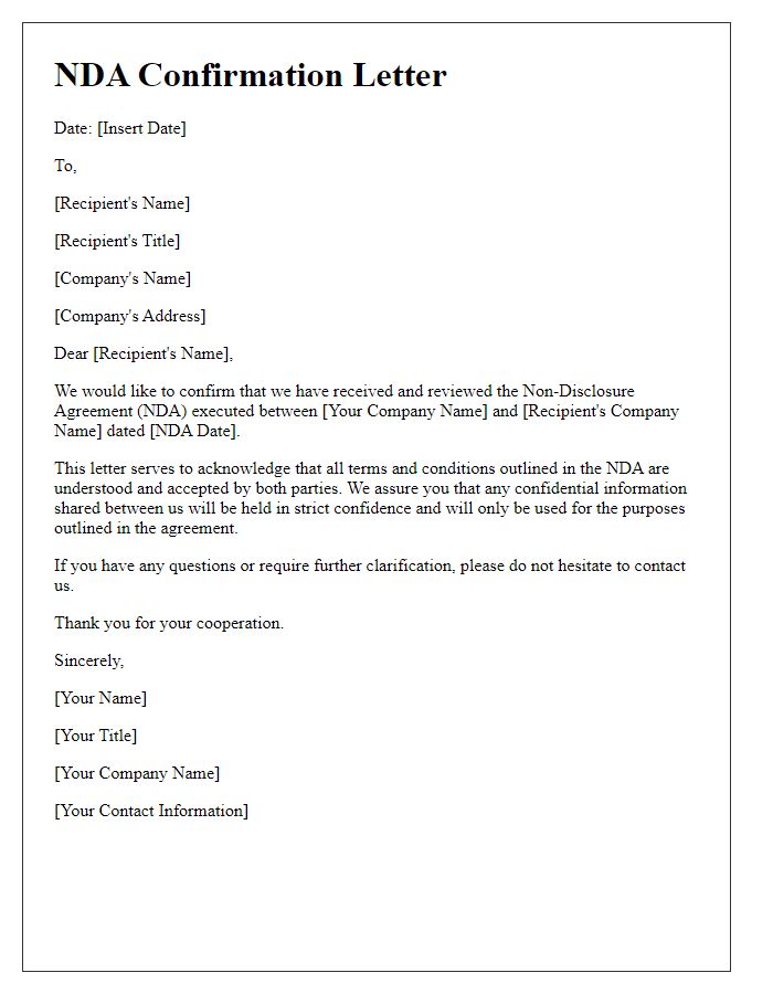 Letter template of NDA Confirmation Letter