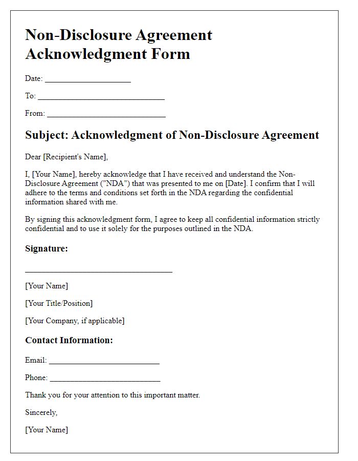 Letter template of Non-Disclosure Agreement Acknowledgment Form