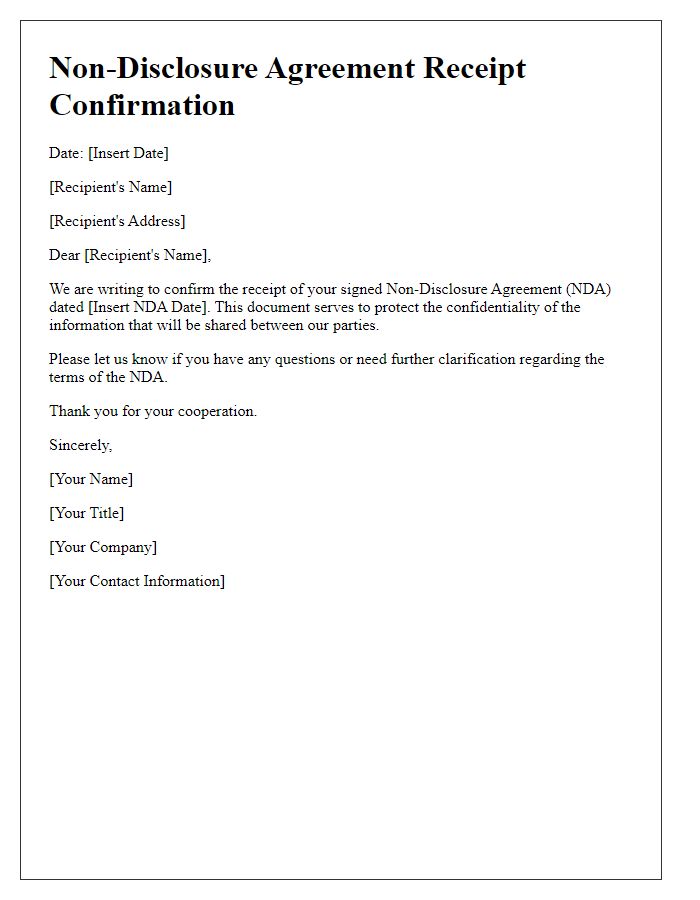 Letter template of Non-Disclosure Agreement Receipt Confirmation