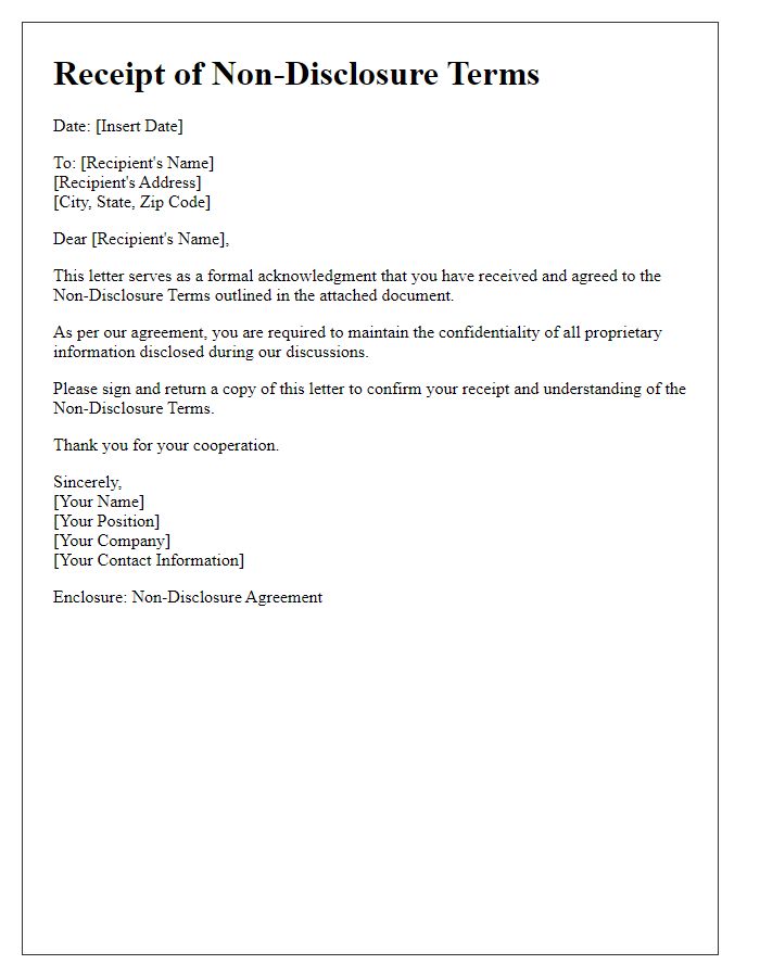 Letter template of Receipt of Non-Disclosure Terms