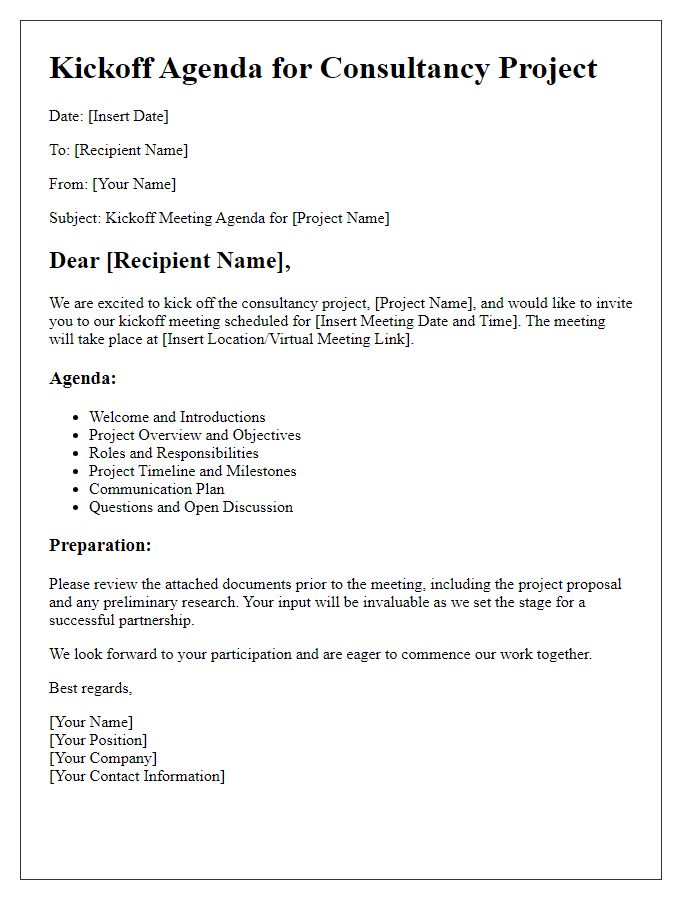 Letter template of kickoff agenda for consultancy project