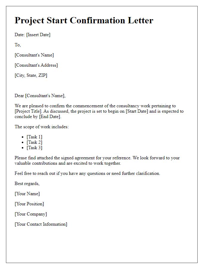 Letter template of project start confirmation for consultancy work