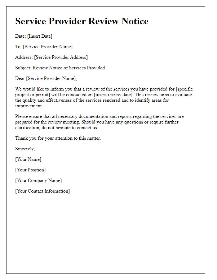 Letter template of service provider review notice