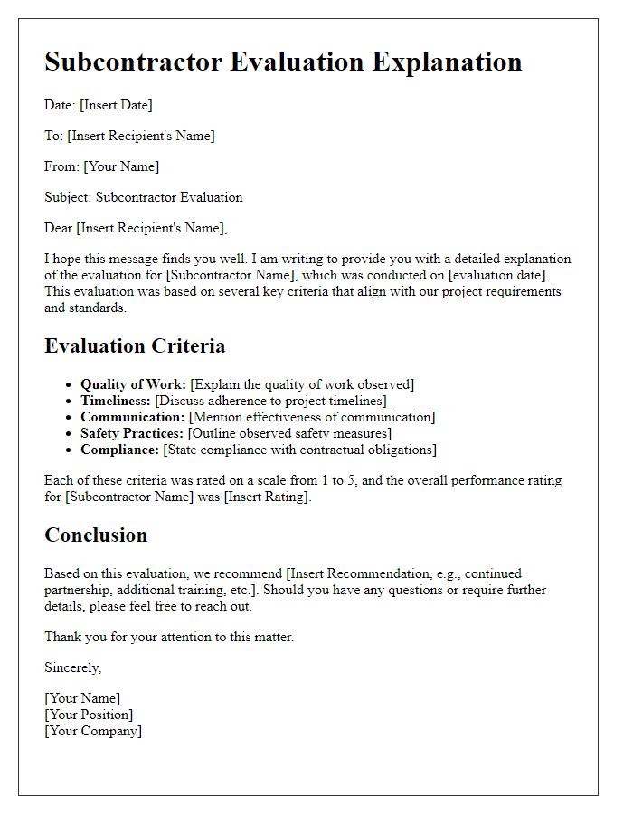 Letter template of subcontractor evaluation explanation