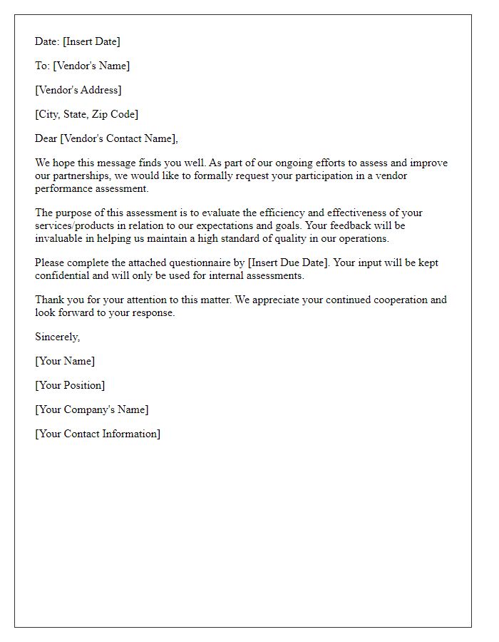 Letter template of vendor performance assessment request