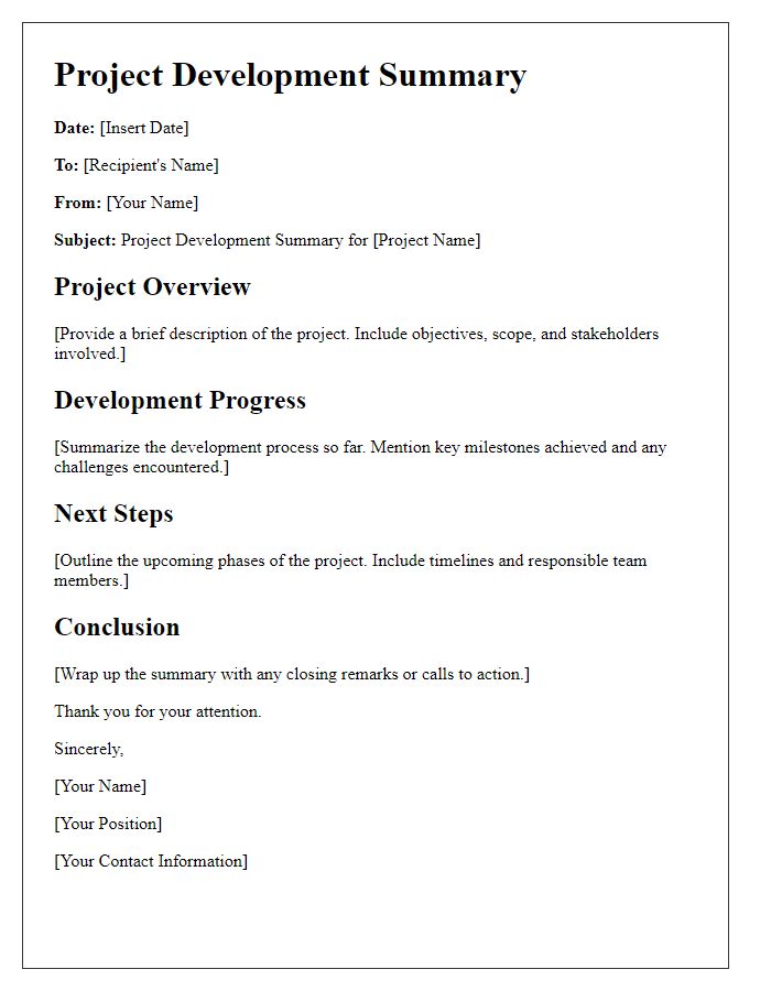 Letter template of project development summary