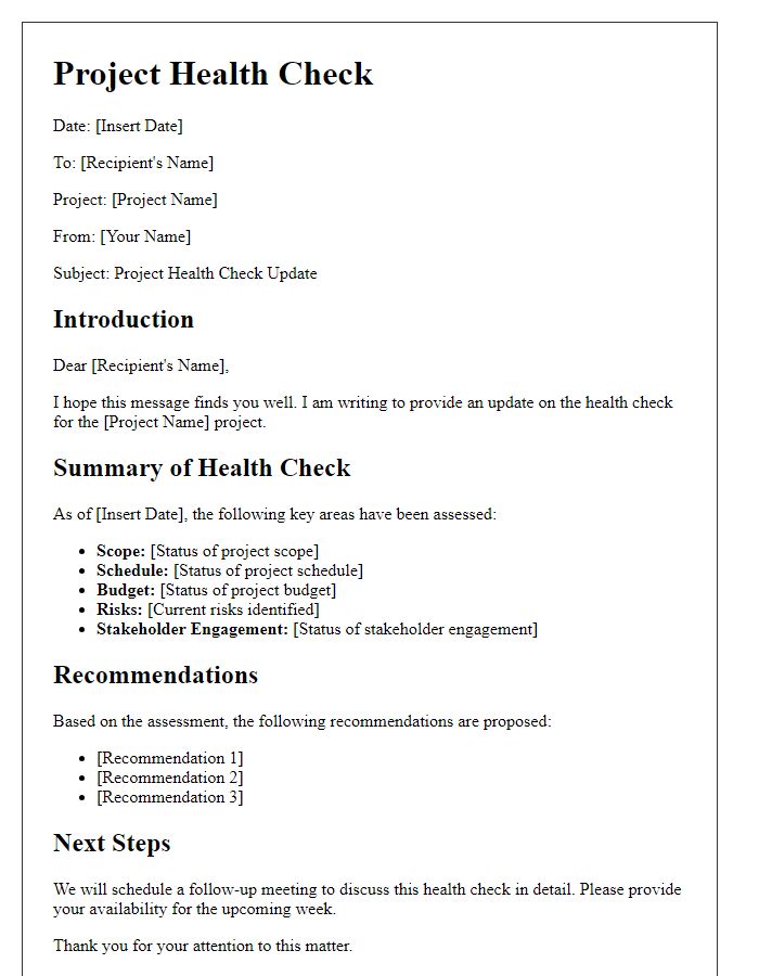 Letter template of project health check