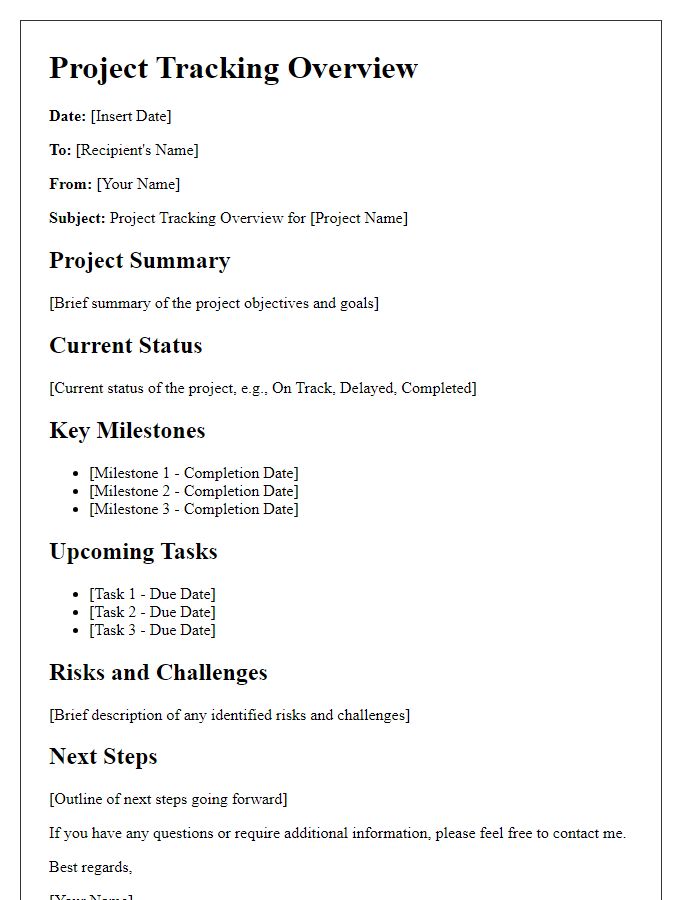 Letter template of project tracking overview