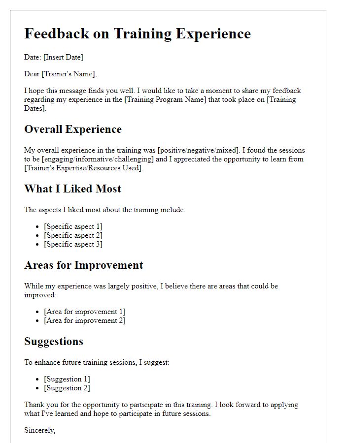 Letter template of participant training experience feedback