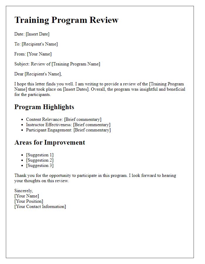 Letter template of training program review