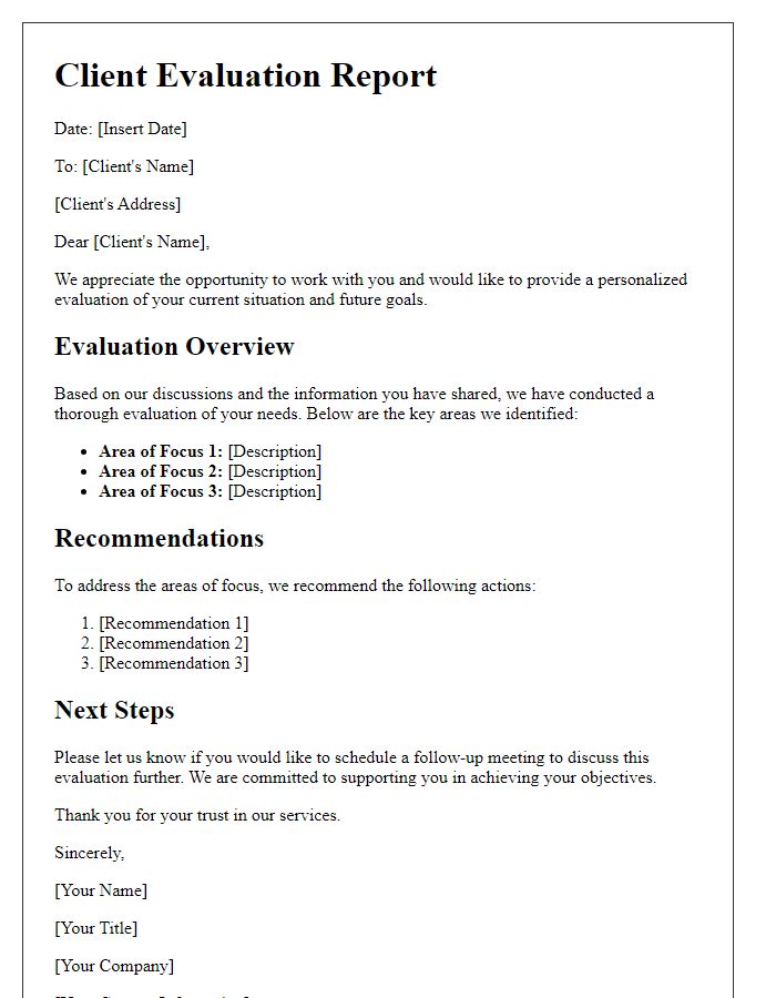 Letter template of personalized client evaluation