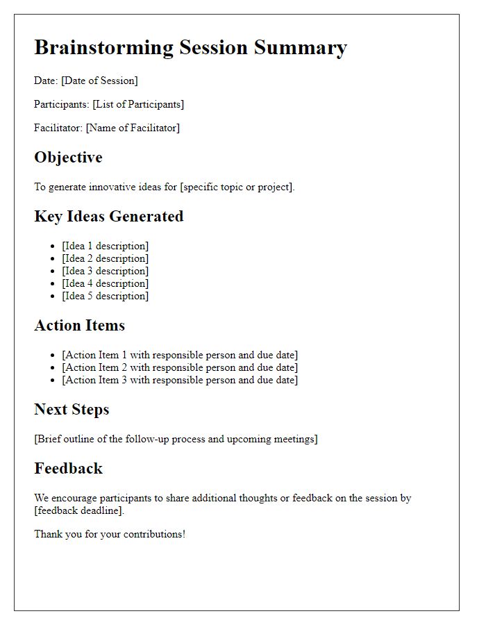 Letter template of brainstorming session summary for innovation tracking