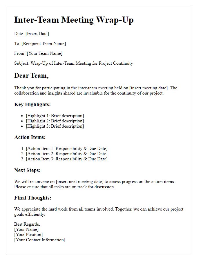 Letter template of inter-team meeting wrap-up for project continuity