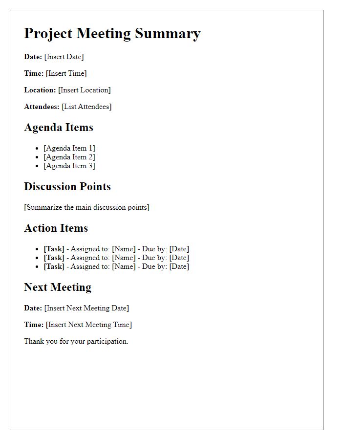 Letter template of project-focused meeting summary for task delegation