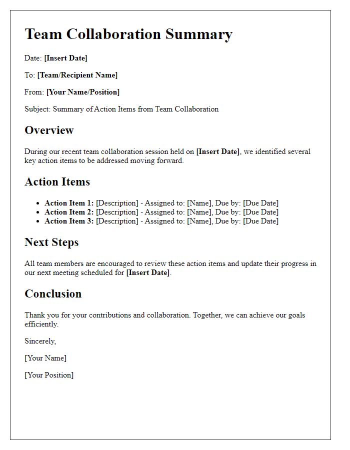 Letter template of team collaboration summary for action items