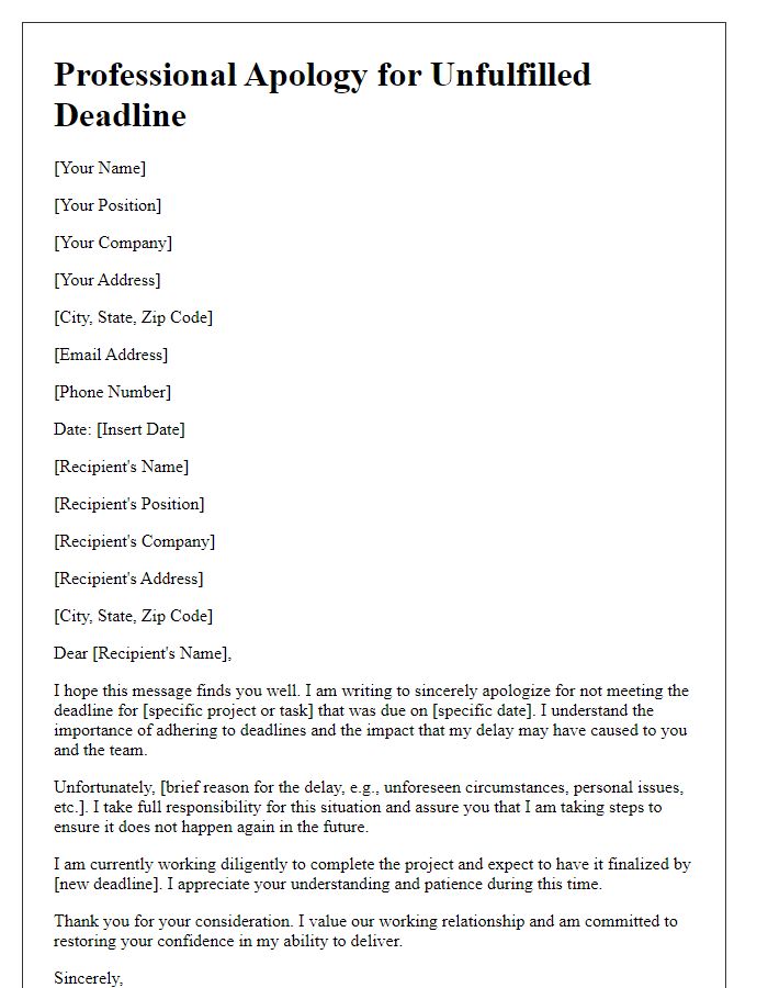 Letter template of professional apology for unfulfilled deadline