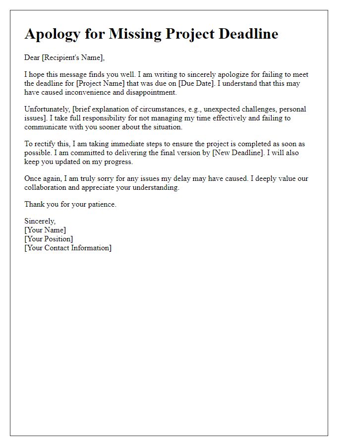 Letter template of sincere apology for missing a project deadline