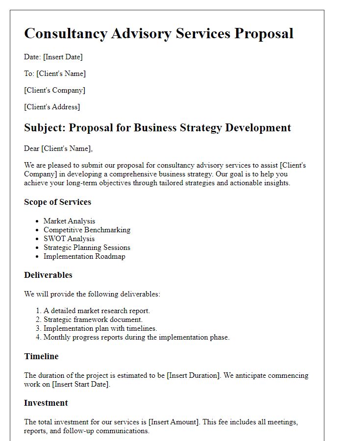 Letter template of consultancy advisory services proposal for business strategy development.