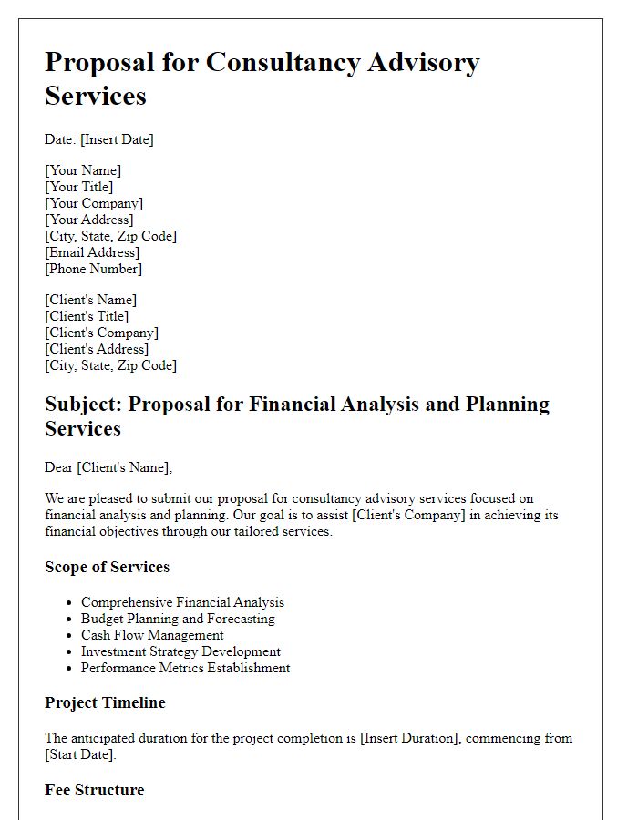 Letter template of consultancy advisory services proposal for financial analysis and planning.