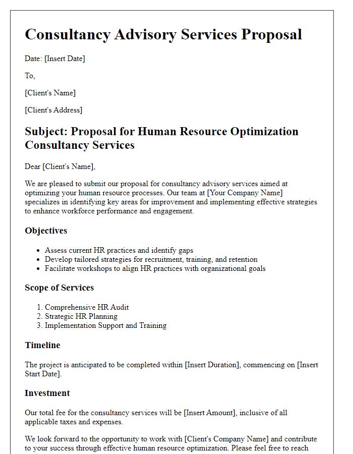 Letter template of consultancy advisory services proposal for human resource optimization.