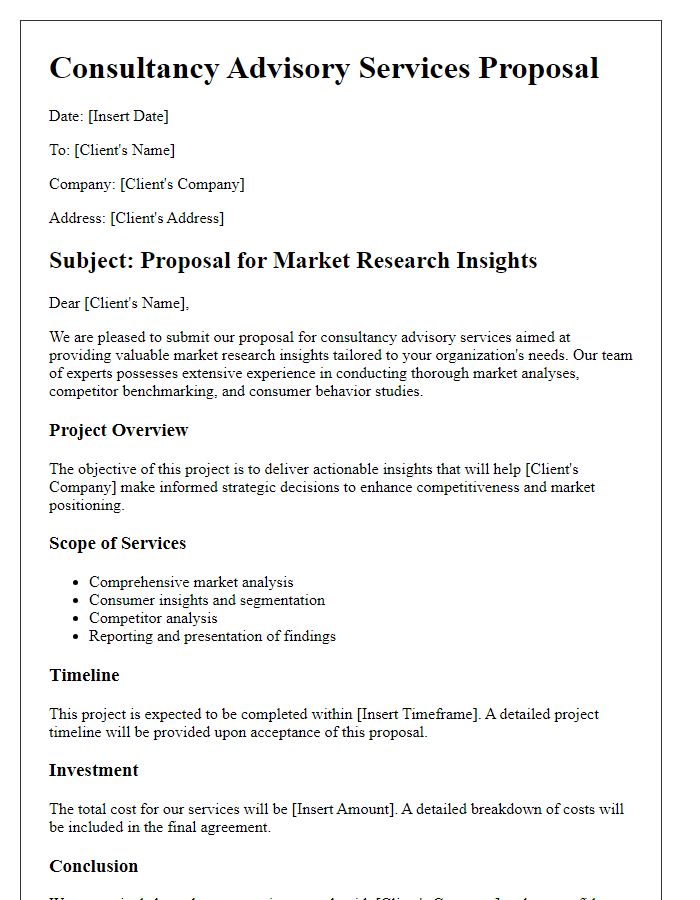 Letter template of consultancy advisory services proposal for market research insights.