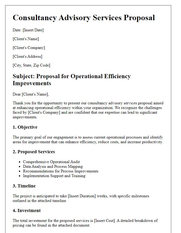 Letter template of consultancy advisory services proposal for operational efficiency improvements.