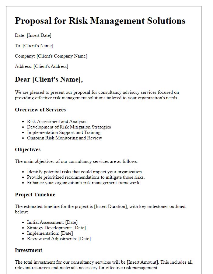 Letter template of consultancy advisory services proposal for risk management solutions.