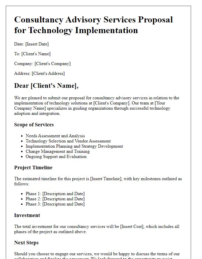 Letter template of consultancy advisory services proposal for technology implementation.