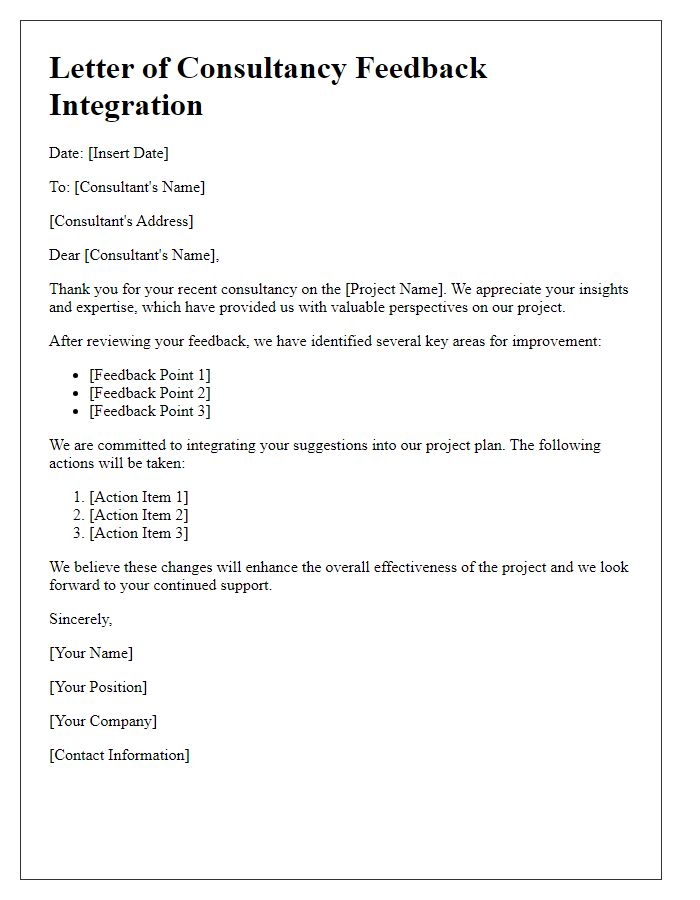 Letter template of consultancy feedback integration for project improvement