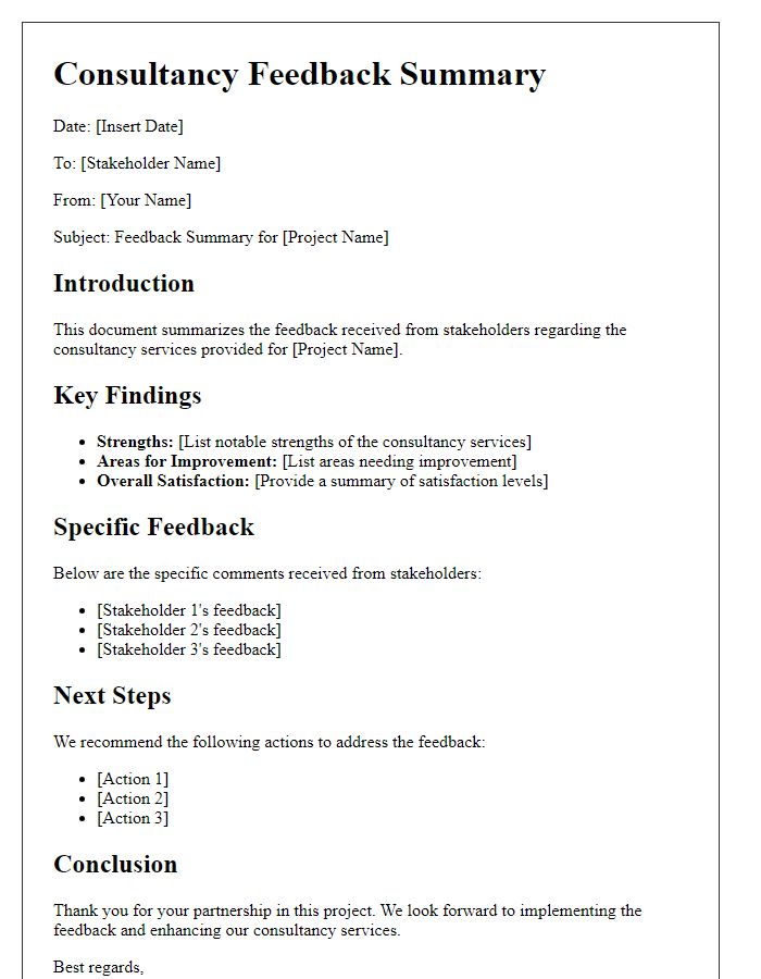 Letter template of consultancy feedback summary for stakeholder review