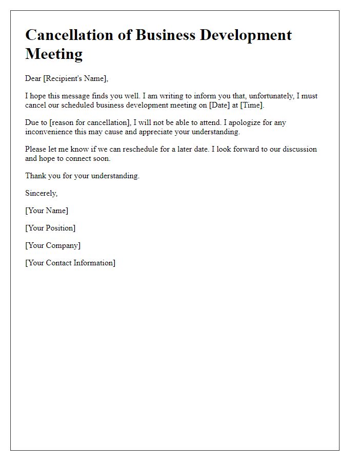 Letter template of cancellation for a business development meeting