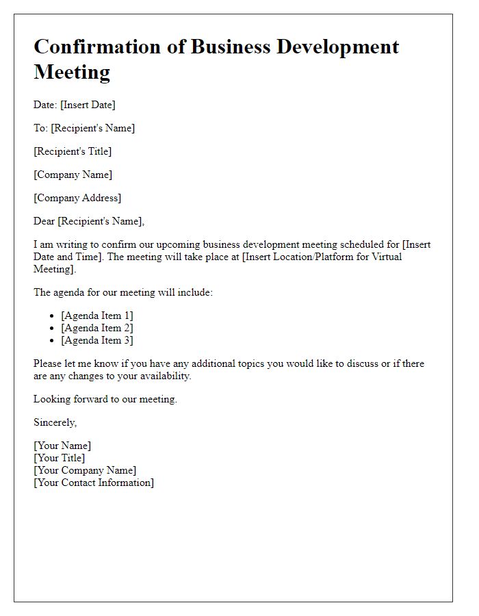 Letter template of confirmation for a business development meeting