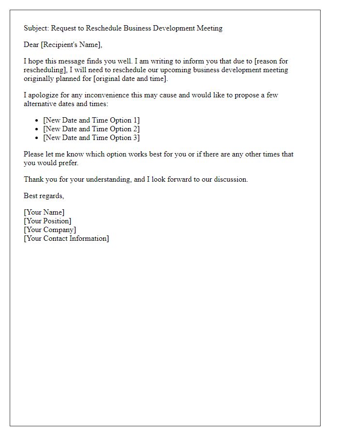 Letter template of rescheduling a business development meeting