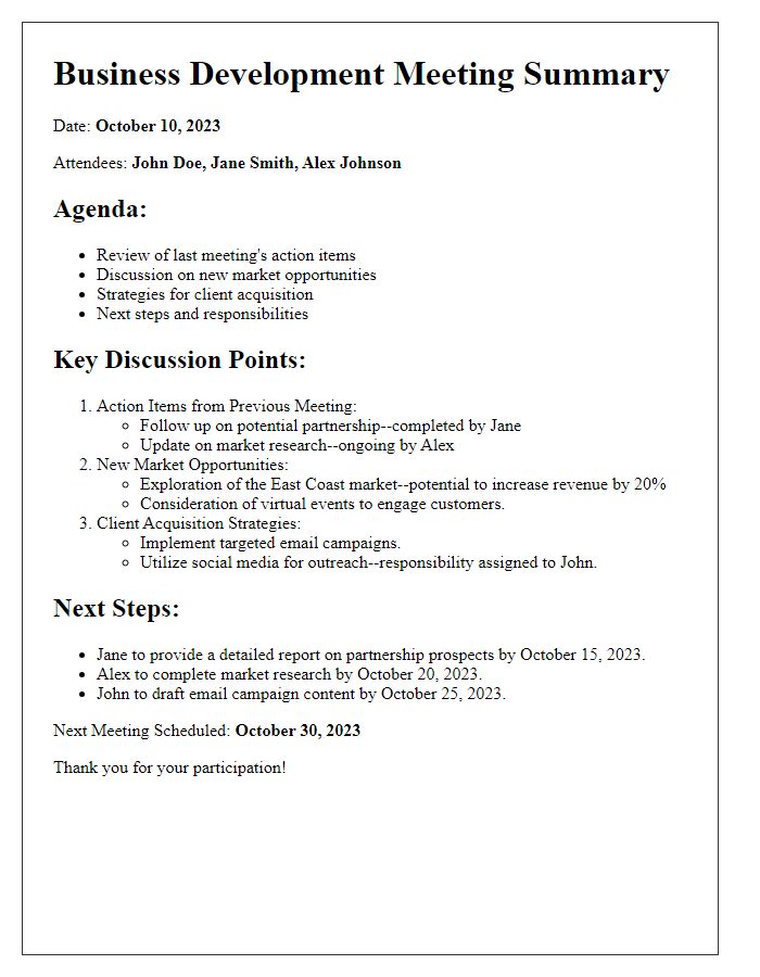 Letter template of summary notes from a business development meeting